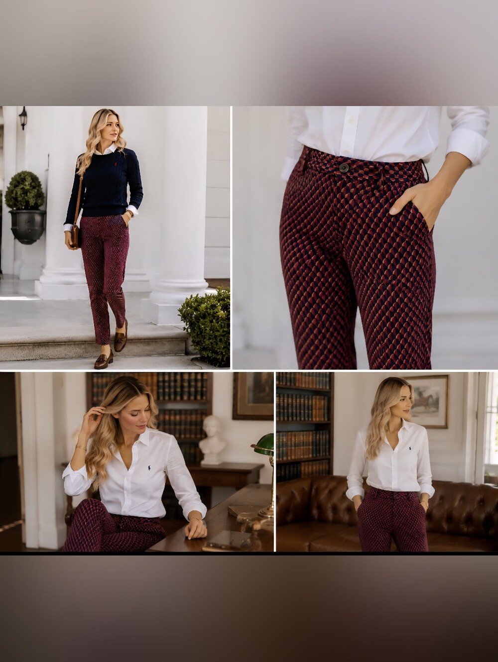 Ann Taylor Black Top with Burgundy Patterned Straight-Leg Pants